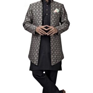 Mens Stylish Ethnic Wear Stand Collar Full Sleeve Black Kurta Pajama with