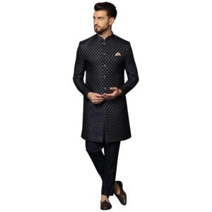Men's Black Sherwani Trousers Set, Indo-Western, Cotton Full Sleaves, Knee Length, Straight, Regular Fit, Mandarin